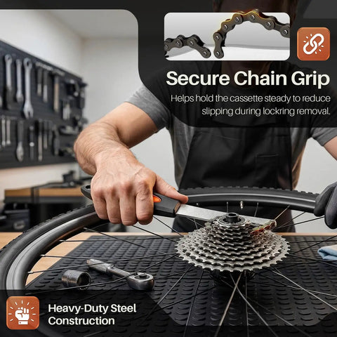 Mechanic using Heavy Duty Chain Whip Bike Tool For Easy Cassette Removal With Non Slip Rubber Grip Handle Fits 8 9 10 Speed Cassettes