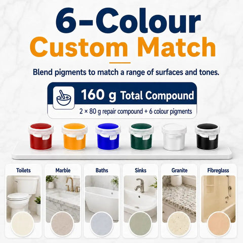 Image displaying Fiberglass And Porcelain Repair Kit With Epoxy Putty 5.6 Oz Total Two Tubes Plus Six Color Pigments for color matching surfaces.