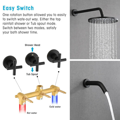Matte Black 10 Inch Rainfall Shower Head With Tub And Shower Trim Kit And Rough In Valve, Wall Mount Rain Shower System diagram