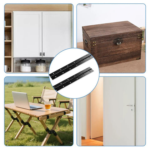 2 Piece Black Stainless Steel Piano Hinges With 24 Screws For Heavy Duty Cabinets And Rv Storage Boxes Built Tough As Nails For Diy Projects No Sweat Setup Rock Solid Continuous Hinge Kit shown with various applications.