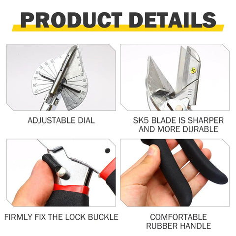 Versatile Miter Shear Cutter With Ten Blades Pro Grade Adjustable 45 To 135 Degree Angles Durable Steel Tool close-up of dial and rubber grip