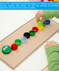 Child arranging colorful bottle caps on a board for a craft project using Orange Plastic Bottle Caps 50 Pack Reusable Screw Lids.