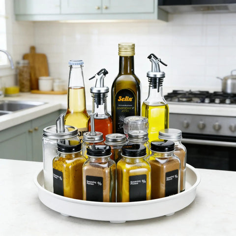 Smooth Spinning White Metal Lazy Susan Turntable Two Pack Compact Rotating Kitchen Cabinet Organizer And Countertop Rack For Pantry Storage straight up with spices and oils.