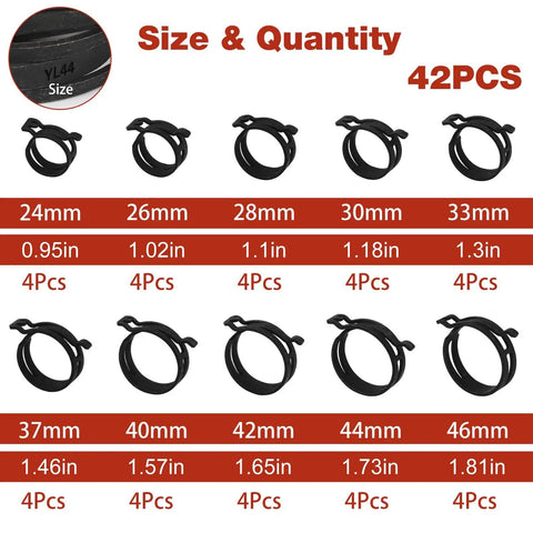 42 Piece 24 To 46 mm Spring Hose Clamps Set With Swivel Flat Clamp Pliers And Hose Removal Pliers Assortment Kit size chart