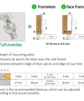 Diagram of full overlay soft close cabinet hinges with hydraulic damper for frameless and face frame cabinets, showing measurements and fit.