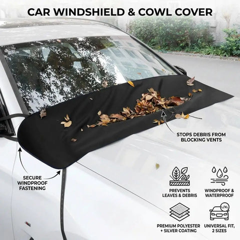 Heavy Duty Windshield Cover For Tesla Cybertruck 2024 Plus All Season Sun Shade And Debris Guard covers windshield blocking leaves.