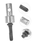 Close-up of garden auger drill bit adapter and chuck converter for power tools extends reach for tight spots earth auger post digger attachment.