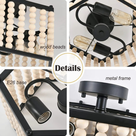Details of Boho Wood Bead Ceiling Light Fixture With E26 Base Semi Flush Mount Chandelier Two Lights Farmhouse Lantern.