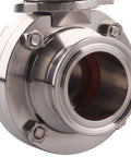 Front view of 1.5 inch stainless steel tri-clamp butterfly valve with bolted clamp ends