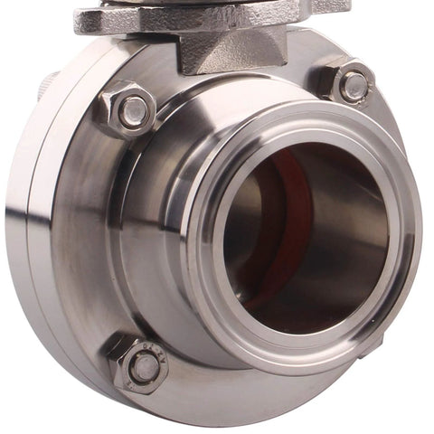 Front view of 1.5 inch stainless steel tri-clamp butterfly valve with bolted clamp ends