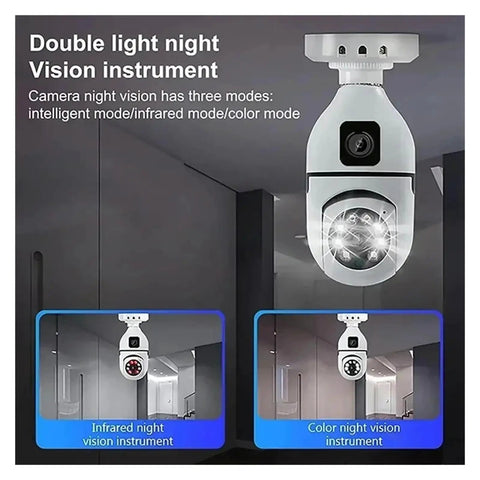 Dead Legit 8MP Dual Lens Wifi Ip Security Camera With E27 Bulb Mount, showing night vision modes in a modern indoor setting.