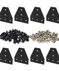 Get The 8Pcs 40X40 Aluminum Extrusion T Slot Corner Bracket Kit with All Screws And Nuts To Build Your Diy Frame Quick And Easy Perfect For Pro Projects, showing black brackets, screws, and nuts.