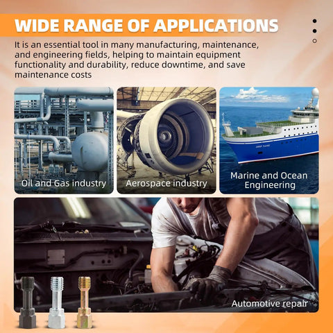 Collage showing applications of the 61 Piece Thread Chaser Repair Kit Rethread Tools in oil, aerospace, marine, automotive industries.