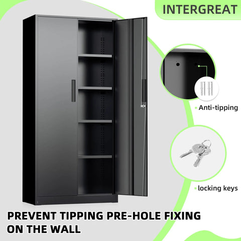 Black 72 inch tall locking steel cabinet with two doors and four adjustable shelves, heavy duty metal storage, powder coated