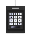 Black wall-mounted security keypad with 12 white numeric buttons and a small display.