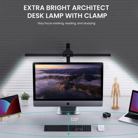 Lit 26 Inch LED Desk Lamp For Home Office With Wide Beam And Flexible 180 Degree Gooseneck Clamp Light over computer monitor