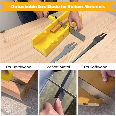 4 Piece Miter Box And Saw Set With A 2.68 By 12 Inch Miter Box And Three Saws For Quick Bevel And Miter Cuts From Hardwood To Soft Metals shown in use