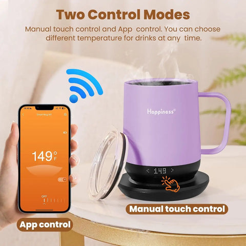 Total Game Changer For Your Morning Grind With This 12 Oz Self Heating Smart Mug with app and manual controls displaying temperature.