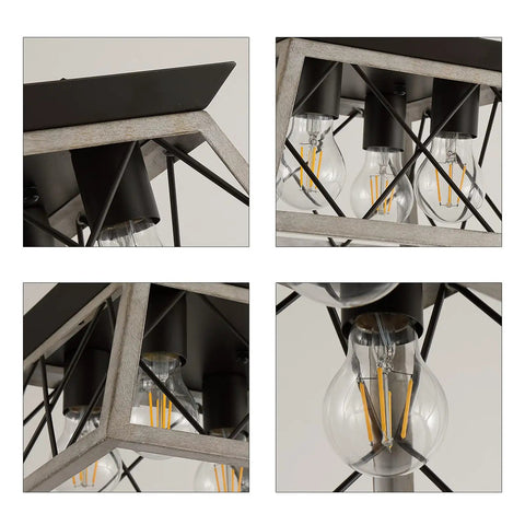 Close-up of Vintage Farmhouse Flush Mount Ceiling Light Fixture, 4 Light Rustic Industrial Square Cage Lamp in Oak White Finish.