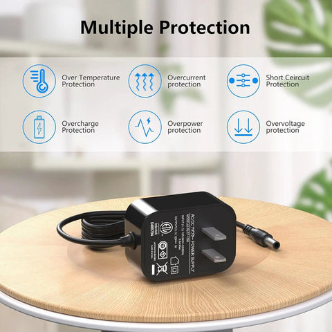 12V Replacement Charger For Power Core 90 And E90 E95 Electric Scooters And Kids Ride Ons on table with protection icons