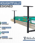 Overhead Ladder Rack Ceiling Mount For Garage Storage Holds Ladders Up To 75 Lbs, adjustable height, padded support arms, rotating base.