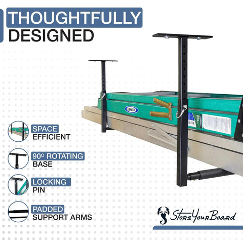 Overhead Ladder Rack Ceiling Mount For Garage Storage Holds Ladders Up To 75 Lbs, adjustable height, padded support arms, rotating base.