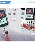 Digital Force Gauge Push And Pull Tester With LCD Display, 300N Maximum Load, 30Kgf, 65Lbf, 1080Oz, Four Measurement Units, 0.1N, 0.01kg, 0.01lb, 1oz Readouts, Inner Sensor, High Accuracy showing tape push pull and cable tie testing