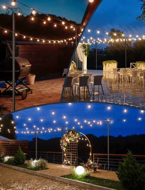 Heavy Duty Outdoor String Light Poles 9 Foot Metal Poles With 7 Prong Base And Two Hooks For Backyard Garden Patio Deck Holiday Party 2 Pack Weather Resistant Steel Construction For All Seasons in use at evening events