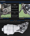 Installation guide and close-up of Premium Aluminum Oil Filter Assembly Kit With Seal Ring And Top Shell Bolt-On Replacement For Hyundai Palisade 2020-2024 Genesis G80 2017-2020 Kia Telluride 2020-2024 Sorento 2017-2024 Sedona 2017-2021 OEM 26300-3LAA0