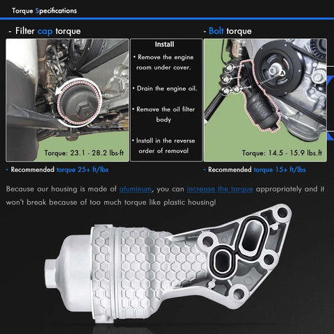Installation guide and close-up of Premium Aluminum Oil Filter Assembly Kit With Seal Ring And Top Shell Bolt-On Replacement For Hyundai Palisade 2020-2024 Genesis G80 2017-2020 Kia Telluride 2020-2024 Sorento 2017-2024 Sedona 2017-2021 OEM 26300-3LAA0