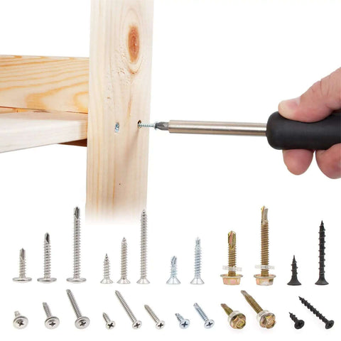 Using All Purpose Self Drilling And Self Tapping Screws Kit For Drywall Metal And Wood Zinc Plated Assortment on wood with screwdriver