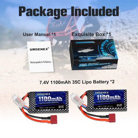 Package contents of Dope 7.4V 1100mAh 2S LiPo RC Battery Dean T Plug with manual, box, and two batteries.
