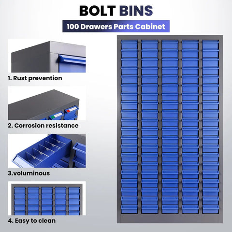 Heavy Duty 100 Drawer Parts Cabinet with ABS drawers and high capacity shop grade nut and bolt organizer, steel frame, blue finish