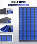 Heavy Duty 100 Drawer Nut And Bolt Organizer Cabinet With ABS Drawers Dividers And Labels featuring blue drawers and labels