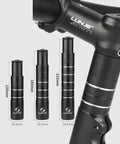 Bike Stem Extender Adjustable Handlebar Riser For 1 1/8 Inch Forks 28.6mm Versatile Road MTB BMX Comfort Boost Lightweight 6061 T6 Aluminum Spacer Stack Height Adjustable For Better Posture And Control displayed in 4 sizes from 115mm to 210mm.