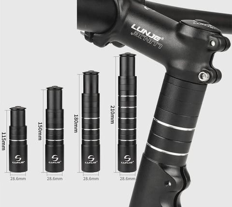 Bike Stem Extender Adjustable Handlebar Riser For 1 1/8 Inch Forks 28.6mm Versatile Road MTB BMX Comfort Boost Lightweight 6061 T6 Aluminum Spacer Stack Height Adjustable For Better Posture And Control displayed in 4 sizes from 115mm to 210mm.
