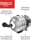 Delta Spincast Fishing Reel Size 30 with Changeable Right or Left Hand Retrieve, dual ceramic pickup pins, showing GlideLine and solid-brass pinion