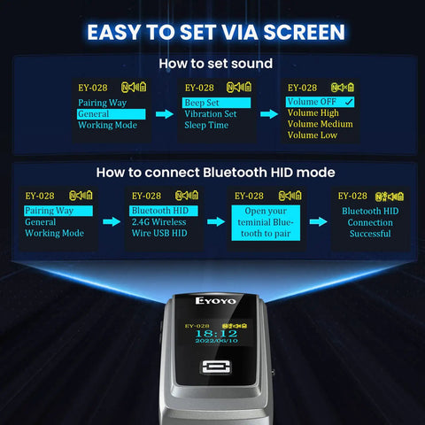 Mini Bluetooth QR And Barcode Scanner With 1 Inch LCD Display showing settings and Bluetooth HID connection instructions.