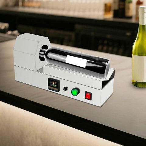 Electric PVC Wine Bottle Capsule Heat Shrinker, Tabletop Label Sealing Machine on bar countertop with wine bottle.