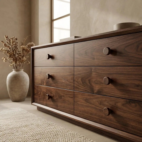 Top Shelf Mid Century Modern Walnut Mushroom Cabinet Knobs Slick Round Drawer Pulls on a walnut dresser in a living room setting.