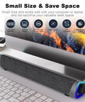 Desktop setup with R30 USB Powered Computer Speakers With Colorful LED Lights And 3.5mm Aux Surround Soundbar For Desktop Laptop Monitor