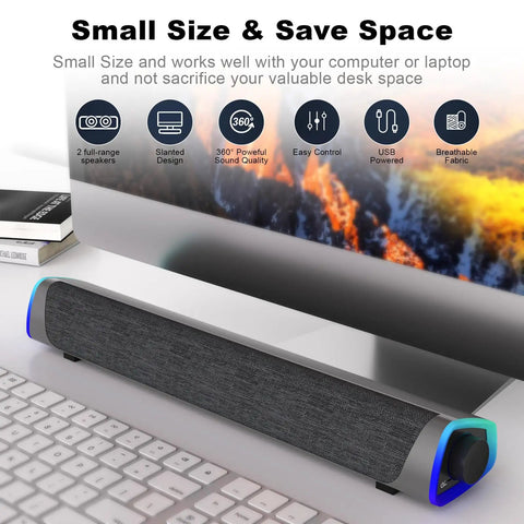 Desktop setup with R30 USB Powered Computer Speakers With Colorful LED Lights And 3.5mm Aux Surround Soundbar For Desktop Laptop Monitor