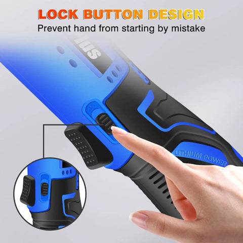 Hand demonstrating lock button on Cordless 12V 3/8 Inch Ratchet Wrench Kit With Dual 1500mAh Batteries, LED Work Light, 7 Sockets And Charger