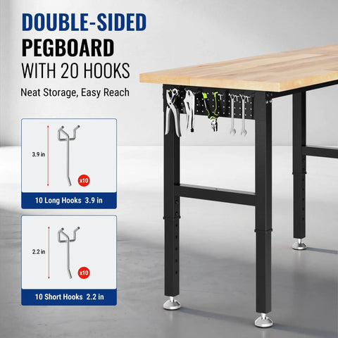 Beefy 4000 Lb Capacity Adjustable Workbench with 96x24 Inch Rubber Wood Top, Heavy Duty Steel Frame, Pegboard and Power Outlet