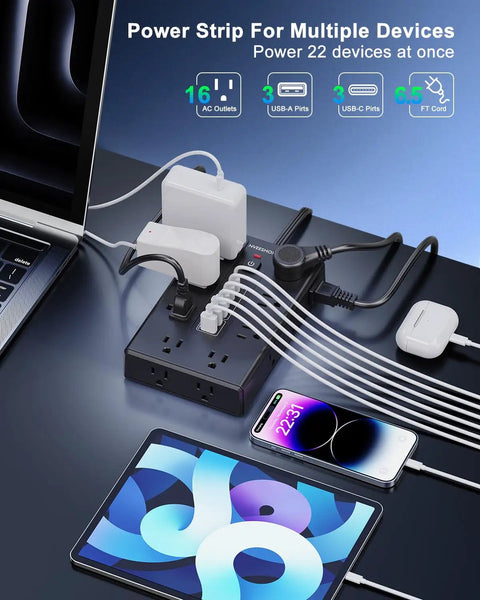 Heavy Duty 16 Outlet Surge Protector Power Strip With Six USB Ports Including USB-C And USB-A 6.5 Foot Flat Plug Extension Cord Overload Protection Ideal Home Office Charging Station For Desktops And Gadgets