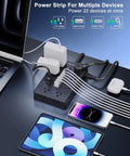 22 In 1 Ultra Flat Plug Power Strip With 16 Wide AC Outlets And 6 USB Ports Including 3 Type C Fast Charge A Handy Desk Or Home Office Power Hub That Can Run Up To 15 Devices At Once, black desktop view