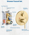 Shower Faucet Set showing brass body, ceramic valve core, and connectors for hot/cold water, featuring Heavy Duty Brushed Gold Shower Faucet Set Featuring Eight Inch Overhead Rainfall Head With Strong Pressurized Flow And Fully Rotatable Angle To Make Your Daily Shower Routine A Total Game Changer.