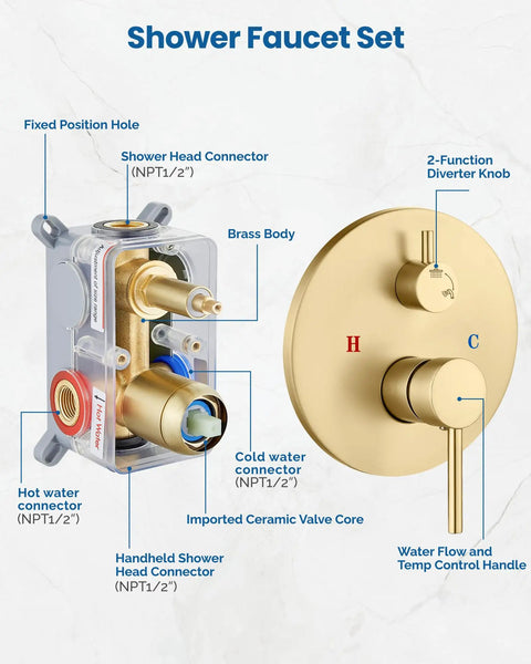Shower Faucet Set showing brass body, ceramic valve core, and connectors for hot/cold water, featuring Heavy Duty Brushed Gold Shower Faucet Set Featuring Eight Inch Overhead Rainfall Head With Strong Pressurized Flow And Fully Rotatable Angle To Make Your Daily Shower Routine A Total Game Changer.