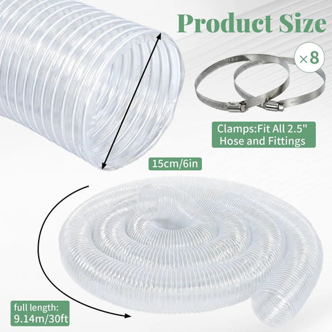 30 Ft Long 6 Inch PVC Dust Collection Hose Flexible Puncture Resistant Vacuum Hose With 8 Stainless Steel Clamps For Industrial And Home Use Clear Dust Extraction Hose For Secure Fittings
