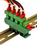Slim DIN Rail Mount Pluggable Screw Terminal Block Distribution Module 15-Position 5x3, 300V 10A Per Position, mounted on rail